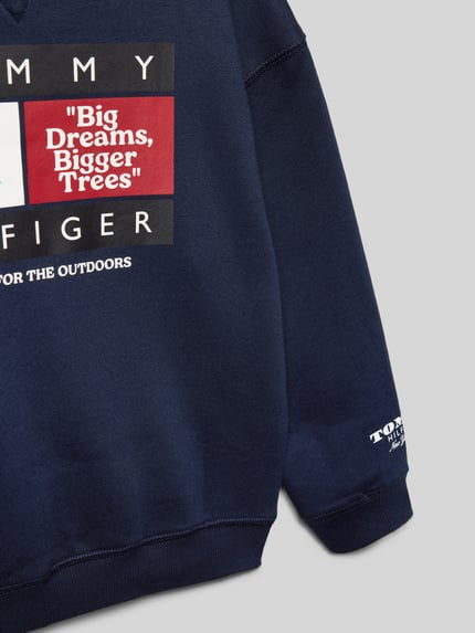 Productfoto, Regular Fit Sweatshirt aus Baumwoll-Mix van Tommy Hilfiger Kids, effen donkerblauw, label- en motiefprint, ronde hals, lange mouwen, geribde boorden, sweatstof, katoenmix.