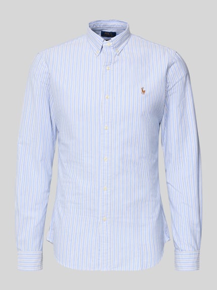 Produktfoto, Slim Fit Vrijetijdsoverhemd met knoopsluiting van Polo Ralph Lauren in blauw met witte strepen, puur katoen, button-downkraag, labelstitching, ruglengte 78 cm, schouderbreedte 44 cm, mouwlengte 66 cm, maat M.