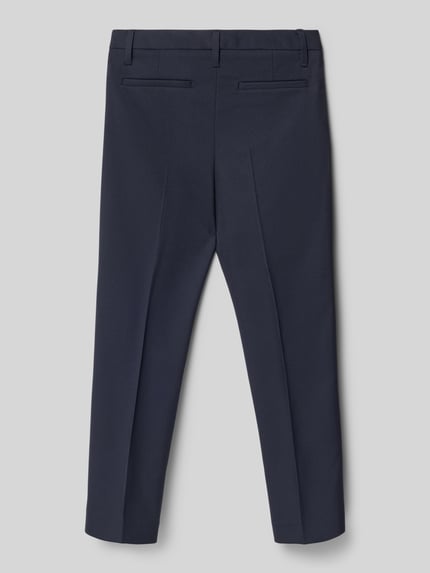 Produktfoto, dunkelblaue Straight Fit Stoffhose mit Viskose-Anteil Modell 'RAIP' von Mango, elastisch, Bügelfalten, Rückansicht