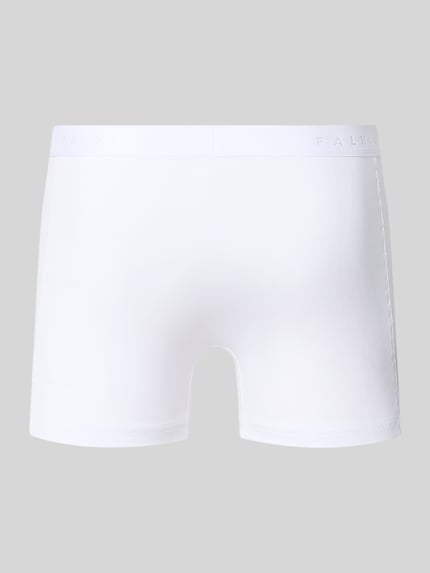 Produktfoto, białe obcisłe bokserki z elastycznym paskiem z logo, mieszanka bawełny z dodatkiem streczu, dopasowany krój, Trunks mit elastischem Logo-Bund Modell 'Daily Comfort' von Daily Comfort