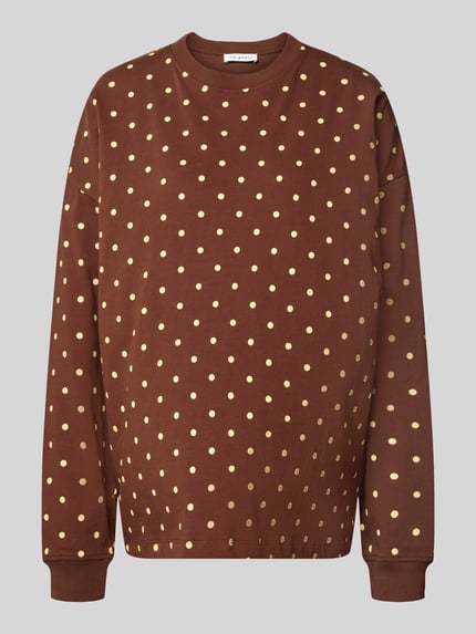 Produktfoto, Sweatshirt mit überschnittenen Schultern von OH APRIL w brązowym kolorze z żółtymi kropkami, luźny krój, okrągły dekolt, elastyczne zakończenia rękawów, długość tyłu w rozmiarze S: 69 cm