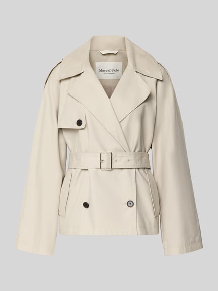 Produktfoto, Regular Fit Trenchcoat aus Baumwoll-Lyocell-Mix von Marc O'Polo in Beige, doppelreihig, Reverskragen, Bindegürtel, glatte Struktur