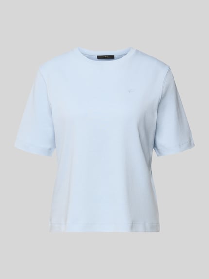 Produktfoto, T-Shirt mit Logo-Stitching Modell 'SVEHA' von Oui, Damen T-Shirt aus Reine Baumwolle in Hellblau, Gerader-Schnitt, Rundhalsausschnitt