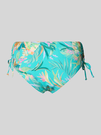 Produktfoto, Bikini-Slip mit seitlichen Raffungen Modell 'Sandra' von VENICE BEACH in Türkis mit floralen Mustern, Material-Mix mit Stretch-Anteil, körpernahe Passform
