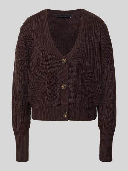Productfoto, donkerbruin gebreid jack met brede v-hals, grote knopen, grof gebreide textuur, oversized model 'LEA' van VERO MODA, Dames
