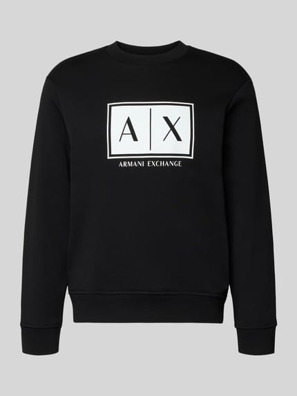 Productfoto, zwart sweatshirt met witte logoprint en ronde hals, loose fit, puur katoen, 'Sweatshirt mit Logo-Print und Rundhalsausschnitt' van ARMANI EXCHANGE, ruglengte maat M 65 cm, mouwlengte maat M 61 cm