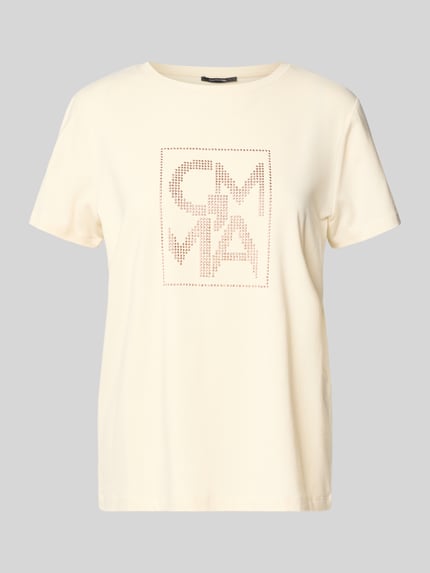 COMMA T-shirt z obszyciem kamieniami stras z logo Piaskowy 2