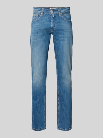 Produktfoto, blauwe straight fit jeans in used-look met lichte wassingen en steekzakken, Model 'GROVER' van Replay, Heren jeans van mix van katoen en elastaan, bandwijdte maat 32/32: 43 cm, binnenbeenlengte maat 32/32: 82 cm