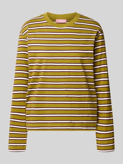 Produktfoto, Relaxed Fit Langarmshirt aus reiner Baumwolle Modell 'Sophia' von JJXX mit gelb-weißen Streifen, Rundhalsausschnitt, gerippter Blende, überschnittenen Schultern, Rückenlänge 57 cm, Damen Langarmshirt