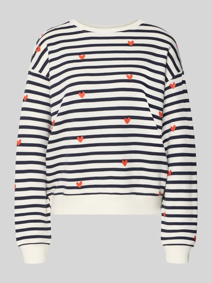 Produktfoto, 'Sweatshirt im Allover-Look' van Smith and Soul, dames sweatshirt van katoen-modal-mix, relaxed fit, marine-witte strepen met rode hartjes, ronde hals