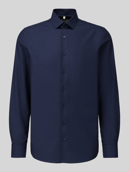 Produktfoto, donkerblauw Heren zakelijk overhemd Body Fit Businesshemd uit katoenmix van OLYMP Level 5, gladde textuur, rechte lijnen