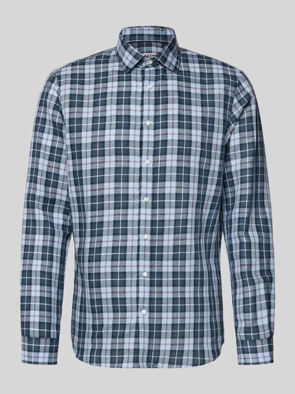 Produktfoto, Regular Fit Business-Hemd mit Kentkragen von Jake*s im karierten Design, Leinen-Baumwoll-Mix, Knopfleiste, Sportmanschetten.