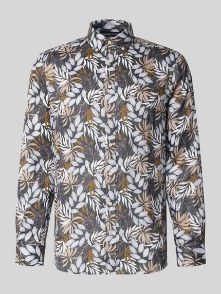 Produktfoto, Regular Fit Leinenhemd mit Button-Down-Kragen von Christian Berg Men, Allover-Look mit weißen, beigen und braunen Blättern, reines Leinen, Herren Hemden, Größe M: Rückenlänge 78 cm, Schulterbreite 49 cm, Ärmellänge 64 cm