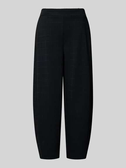 Produktfoto, Barrel Fit Stoffhose aus elastischem Viskose-Mix Modell 'KATE' von ICHI, schwarz mit feinem Karomuster, strukturierte Oberfläche