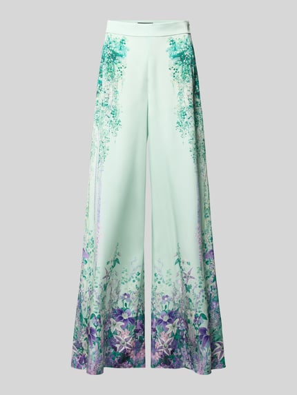 Produktfoto, Hose aus Satin mit weitem Bein von Marc Cain, Damen HOSE in Mintgrün mit Allover-Look, florale Muster, seitlicher Reißverschluss