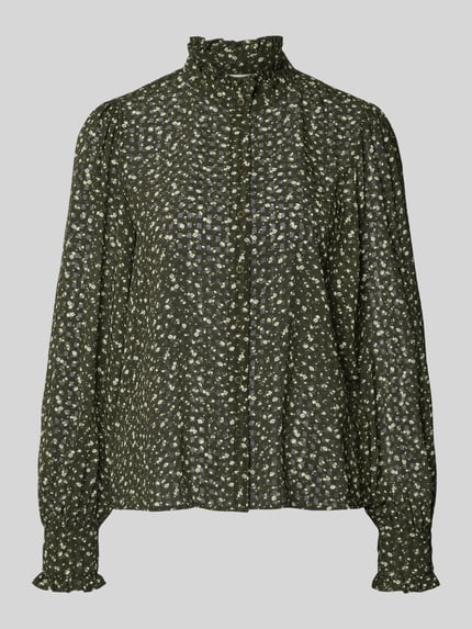 Produktfoto, Relaxed Fit Bluse mit Stehkragen Modell 'Kaylen Oceanna' von MSCH Copenhagen, Allover-Muster, Knopfleiste, dunkle Farben, strukturierte Oberfläche