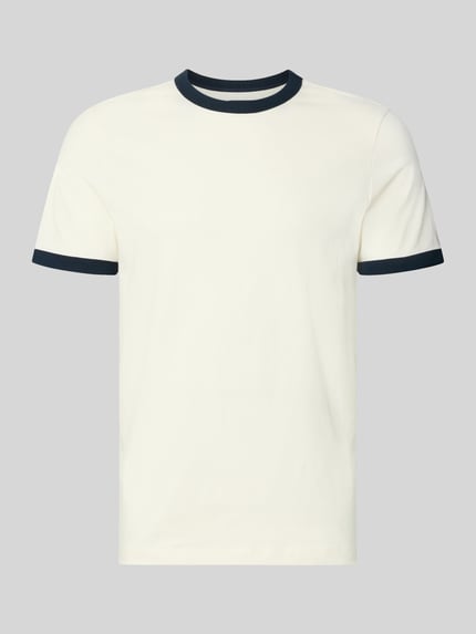Produktfoto, Regular Fit T-Shirt aus reiner Baumwolle von MCNEAL mit kontrastivem Rundhalsausschnitt und Ärmelumschlägen in Dunkelblau, glatte Struktur, Herren T-Shirt
