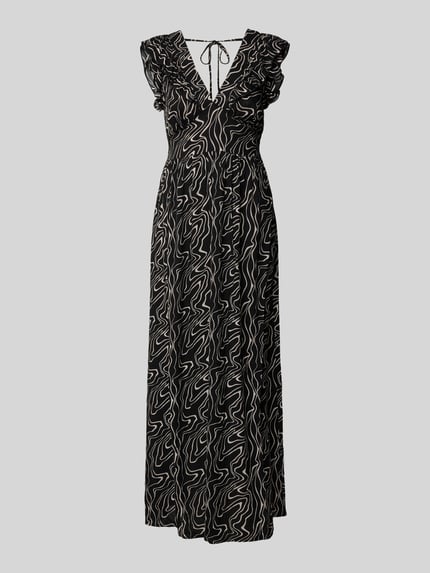 Produktfoto, Leicht ausgestelltes Maxikleid aus reiner Viskose Modell 'EASY JOY' van Vero Moda, zwart met all-over motief, maxi, volantzoom, ruchedetail, V-hals, striksluiting, mouwloos, rugdecolleté, materiaal: zuiver viscose