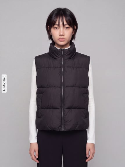 Frauenmodel trägt schwarze Regular Fit Weste mit Stehkragen von PIECES, glatte Textur, dezente Steppnähte, Ganzkörperansicht von vorne, KI-modifiziertes Bild.