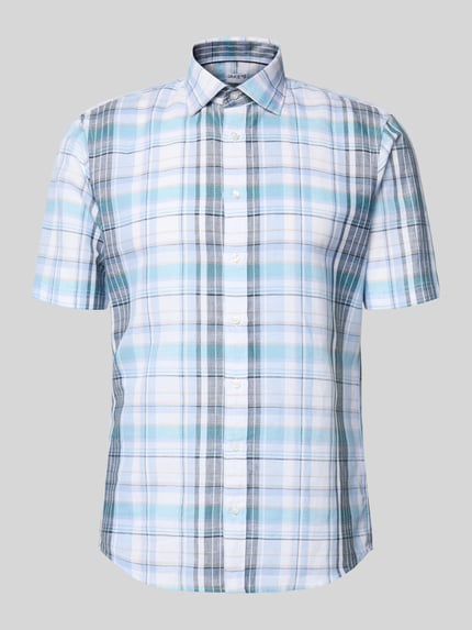 Produktfoto, Slim Fit Business-Hemd aus Leinen-Mix mit Kentkragen von Jake*s in lichtblauw, wit en lichtgrijs ruitpatroon, knoopsluiting, slim fit, linnen-katoen mix, voorzijde, ruglengte 74 cm, schouderbreedte 46 cm, mouwlengte 26 cm