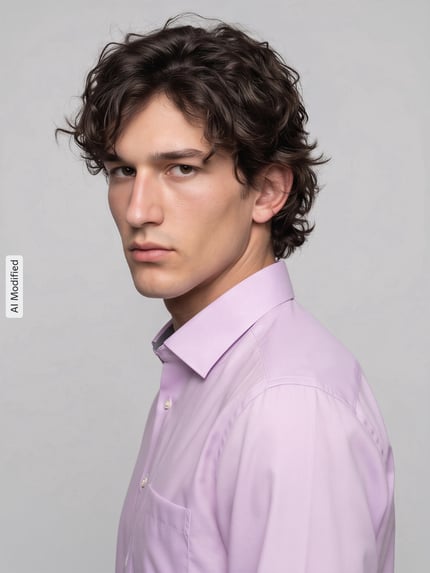 Männermodel trägt Regular Fit Businesshemd aus reiner Baumwolle Modell 'New Kent' von Seidensticker in Helllila, Nahaufnahme Oberkörper, Herren Businesshemd von Seidensticker, KI-modifiziertes Bild.