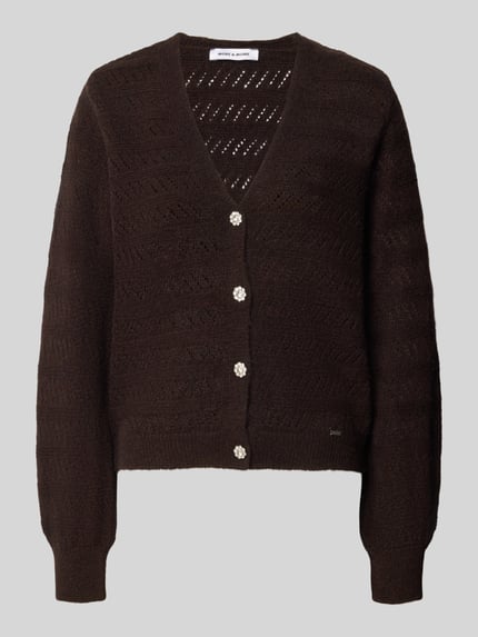 Produktfoto, dunkelbraune Strickjacke mit V-Ausschnitt und Knopfleiste von MORE & MORE, Woll-Mix, strukturierte Oberfläche, Regular Fit