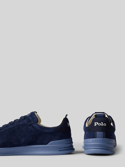 Produktfoto, sneakersy z mieszanka skóry od Polo Ralph Lauren, granatowy odcień, minimalistyczny wygląd, gładka faktura