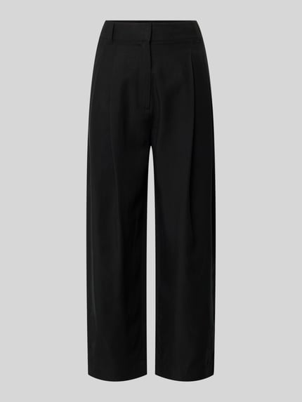 Produktfoto, schwarze Hose aus Lyocell-Leinen-Mix mit Gesäßtaschen und Drapierungen, Relaxed Fit, Produktname: Hose aus Lyocell-Leinen-Mix mit Gesäßtaschen von JAKE*S STUDIO WOMAN, glatte Textur, klassische gerade Form, schlichter Look.