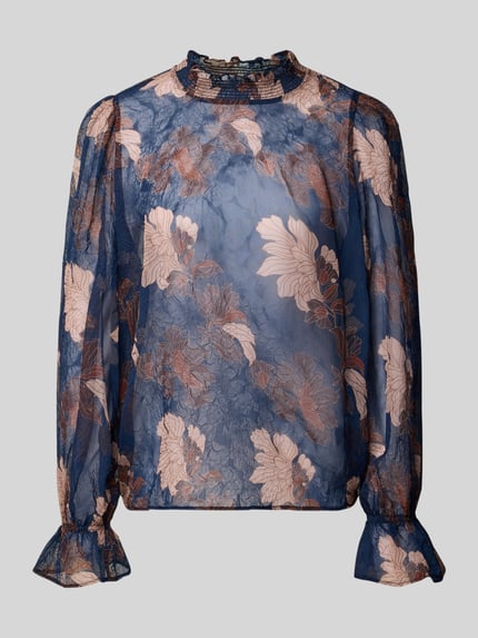 Produktfoto, Regular Fit Bluse in semitransparentem Design von Christian Berg Woman Selection mit floraler Musterung in Blau und Beige, Stehkragen mit Rüschenbesatz, Smok-Detail und langen Ärmeln, Damenmode mit leicht glänzender Textur