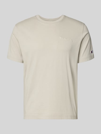 Produktfoto, T-Shirt mit Label-Stitchings und Rundhalsausschnitt von CHAMPION in Beige, reine Baumwolle, Regular Fit, dezente Struktur, Vorderansicht