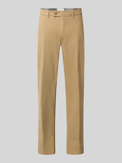 Produktfoto, Regular Fit Chino aus Baumwoll-Mix Modell 'Evans' von Brax in Beige, unifarben, Twill-Struktur, Gürtelschlaufen, seitliche Eingrifftaschen, Gesäßpaspeltaschen, Label-Detail.