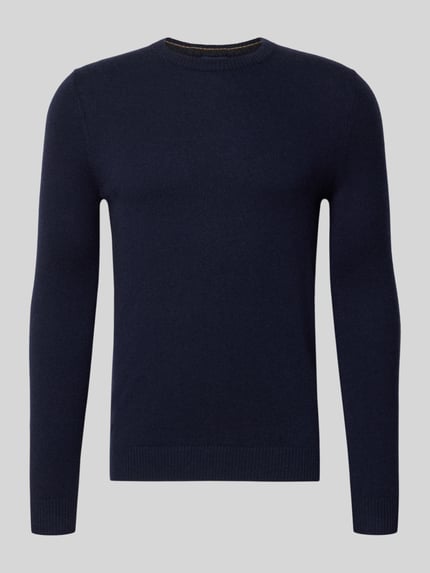 Produktfoto, Kaschmirpullover mit gerippten Abschlüssen von Christian Berg Men in Dunkelblau, gerader Schnitt, Rundhalsausschnitt, reine Kaschmir-Textur