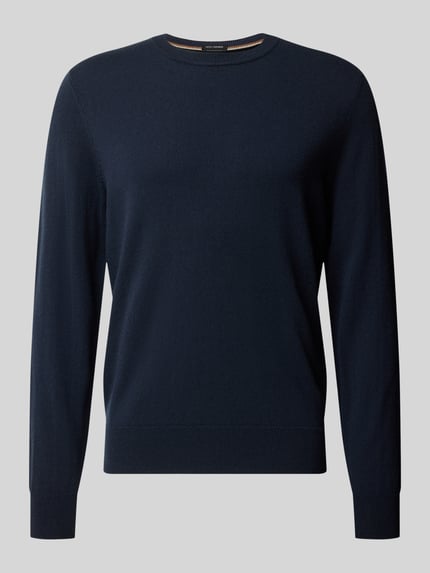 Produktfoto, Pullover aus Wolle Kaschmir mit Rippabschlüssen von BOSS in Dunkelblau, unifarben, Feinstrick, Rundhals, langarm, gerippte Abschlüsse
