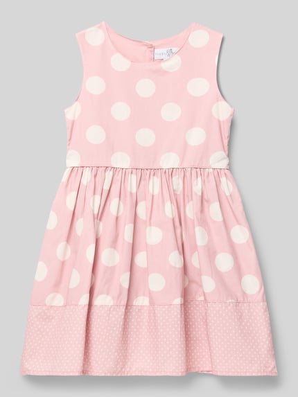 Produktfoto, Kleid aus Baumwolle mit Rundhalsausschnitt von Happy Girls, rosa A-Linie im Allover-Look, große weiße Punkte, Reine Baumwolle, Rückenlänge bei Größe 116 62 cm.
