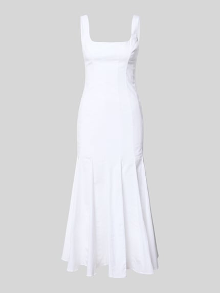 Produktfoto, weißes, ärmelloses Midikleid aus Baumwoll-Mix mit Stretch, Karree-Ausschnitt, Modell 'LOLITA' von Bardot, körpernaher Schnitt