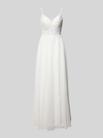 Productfoto, Regular Fit Brautkleid mit floralem Spitzenbesatz van Luxuar, wit, semi-transparant met kanten details, spaghettibandjes, vetersluiting, ondoorzichtige onderrok, ruglengte 133 cm, buste 31 cm.