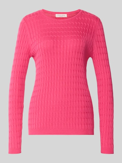 Produktfoto, Slim Fit Strickpullover mit Zopfmuster von Christian Berg Woman in leuchtendem Pink, Baumwoll-Mix, Rundhalsausschnitt, gerippte Blenden, Langarm, für Damen