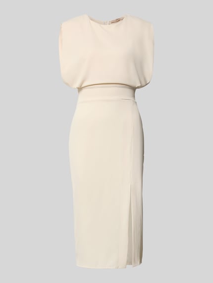 Produktfoto, Cocktailkleid mit Gehschlitz von Rinascimento aus Material-Mix mit Stretch-Anteil, Midikleid, körpernaher Schnitt, cremefarben.