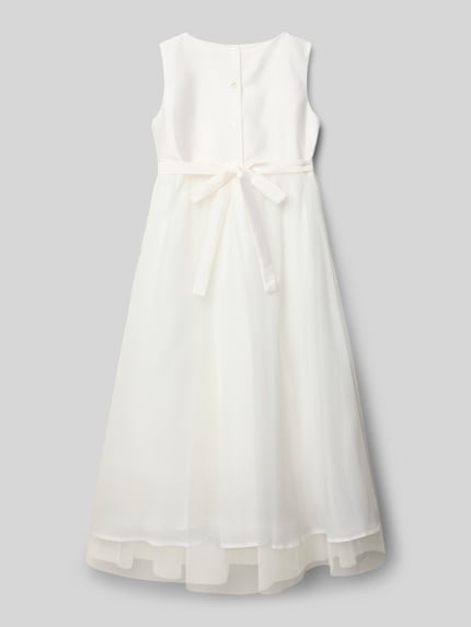 Produktfoto, Regular Fit Kleid mit Spitzenbesatz von Une Hautre Couture im Baumwoll-Mix mit Zierschleife, Knopfleiste, floraler Besatz, ärmelloses Design, Rückenlänge 104 cm in Größe 134, Farbe Weiß, strukturierte und transparente Textur.