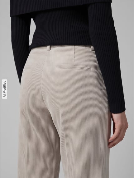 Frauenmodel trägt Regular Fit Cordhose mit angedeuteten Taschen Modell 'AMELIE' von CAMBIO, cremefarben, feine Cordstruktur, Nahaufnahme Rückansicht, KI-modifiziertes Bild.