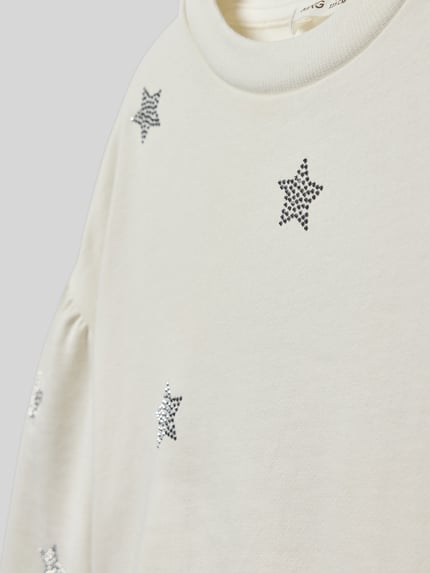 Produktfoto, Sweatshirt mit gerippten Abschlüssen von Mango in Creme mit silbernen Stern-Applikationen, Reine Baumwolle, Regular-Fit, Rundhalsausschnitt