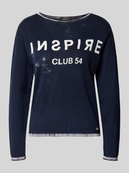 Productfoto, Longsleeve met Linksdruck en ronde hals van monari, puur katoen, regular fit, linkerprint, ruglengte maat 36: 55 cm, donkerblauw met witte letters