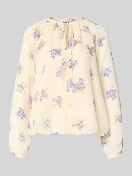 Produktfoto, Relaxed Fit Chiffon-Bluse mit Allover-Muster Modell 'FUSINA' von Only, florale Optik, Materialverarbeitung: Chiffon, Farbton Creme mit lila und gelben Details