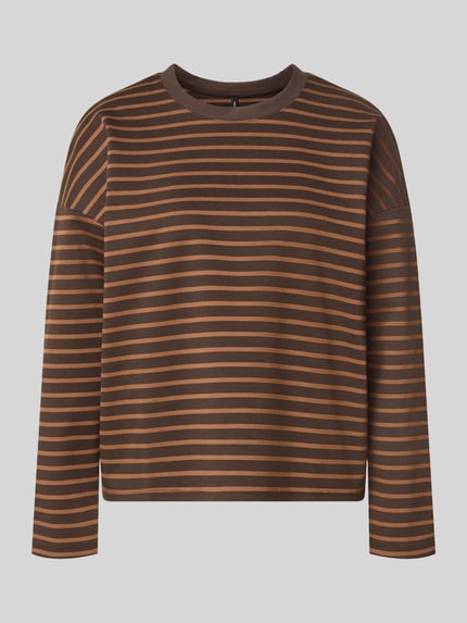 Produktfoto, braun-gelb gestreiftes Regular Fit Langarmshirt mit Viskose-Anteil Modell 'ABBY' von VERO MODA, Damen Langarmshirt, glatte Struktur