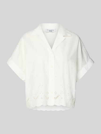 Productfoto, Relaxed Fit Bluse aus reiner Baumwolle mit Spitzen-Details van Marc O'Polo Denim in effen kleuren met kanten details, overhemdkraag, eenreihige knoopsluiting, pasvorm relaxed fit, puur katoen