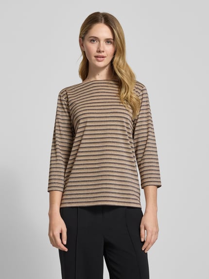 Vrouwenmodel draagt Relaxed Fit 3/4-Shirt uit viscose-mix van s.Oliver RED LABEL, gestreept, meerkleurig, unilook, vooraanzicht bovenlichaam.