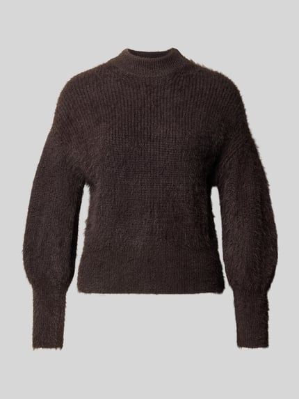 Produktfoto, Strickpullover aus Effektgarn Modell 'KEYLA' von GUESS in Dunkelbraun, strukturierte Oberfläche, Regular Fit, Stehkragen, Damen Strickpullover