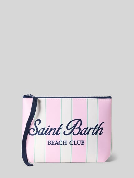 Produktfoto, Kosmetiktasche mit Label- und Statement-Print Modell 'ALINE' von MC2 Saint Barth, rosa-weiß mit dunkelblauer Schrift, Material-Mix, Reißverschluss, Damen Kosmetiktasche