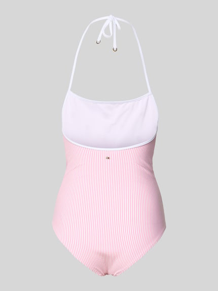 Productfoto, badpak met halter van TOMMY HILFIGER, look: all-over motief gestreept, applicatie met gestikt logo, materiaalverwerking: seersucker
