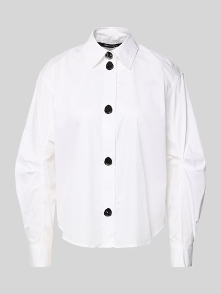 Produktfoto, Regular Fit Bluse aus Baumwolle mit Ballonärmeln von ARMANI EXCHANGE in Weiß mit Hemdblusenkragen und Knopfleiste, reine Baumwolle, Regular-Fit, Ballonärmel, Rückenlänge 57 cm, Ärmellänge 57 cm.
